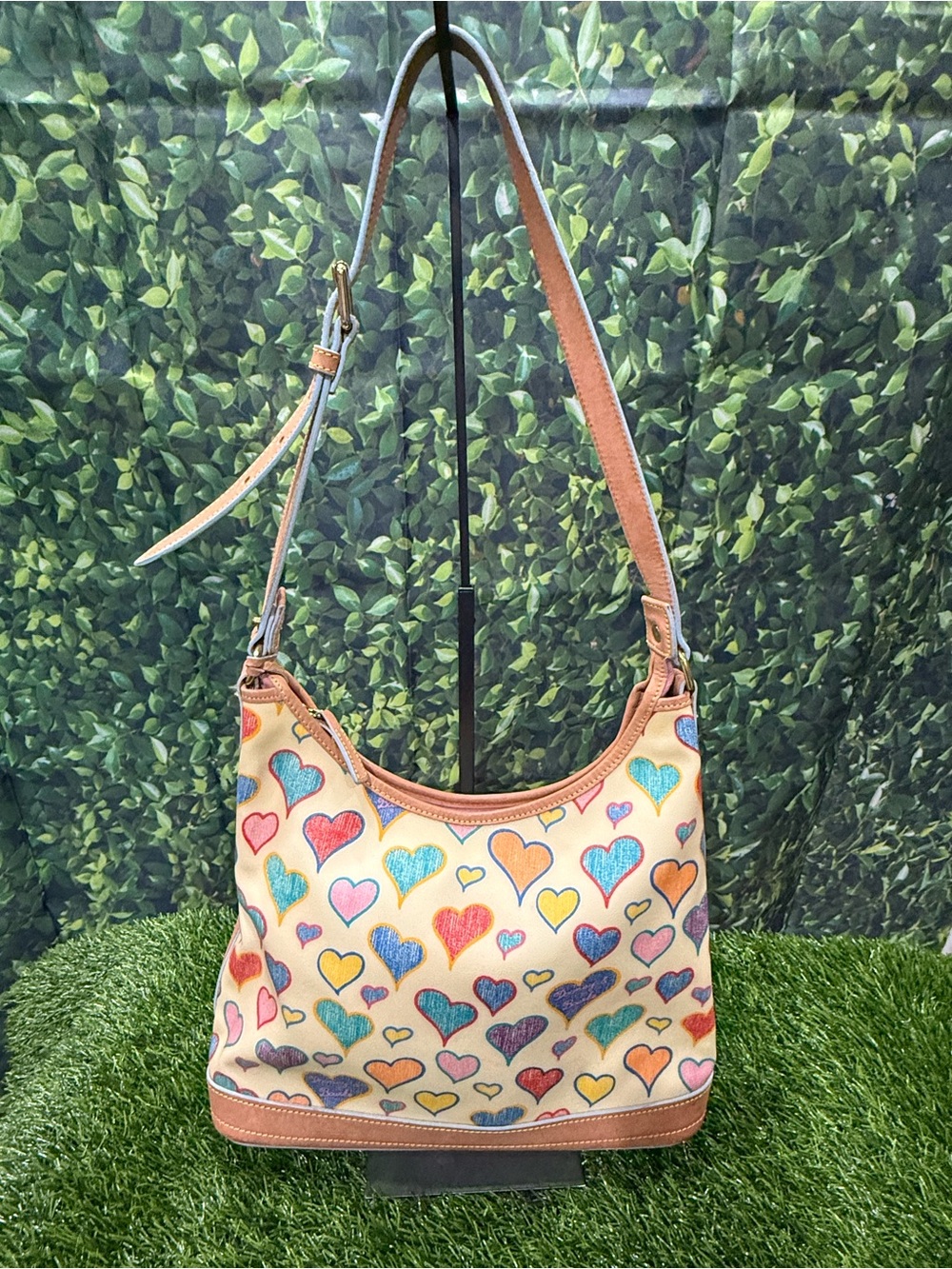 VTG Dooney & Bourke Crayon Doodle Hearts Bag Crescent Purse Y2K Scribble Rainbow